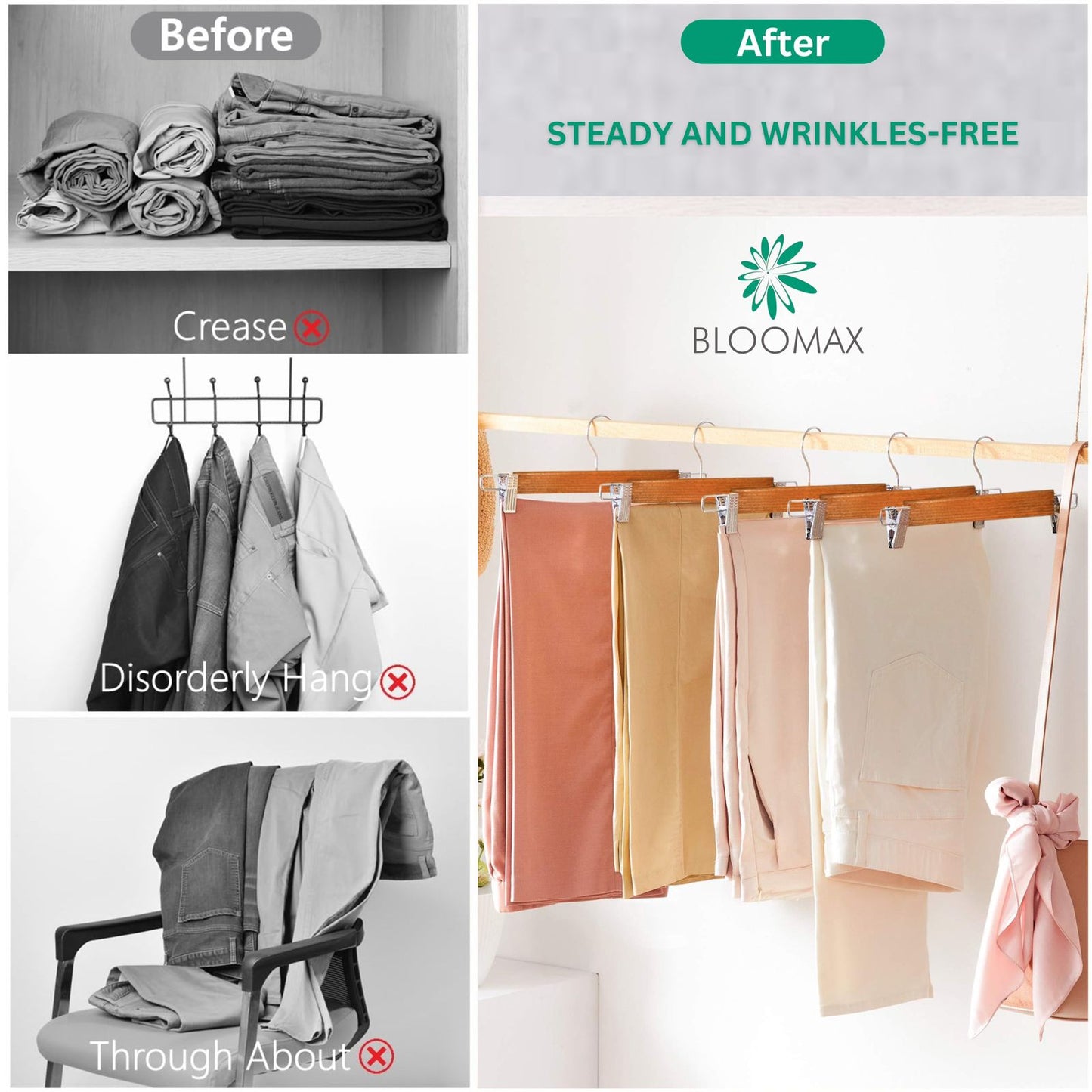 BLOOMAX® 6 Pcs, 13.5 inch, Natural Wooden Hangers, Pants Hangers with Clips, Adjustable Anti-Rust Metal Clips, 360° Swivel Hook, Skirt Hangers for Pant, Skirts, Natural