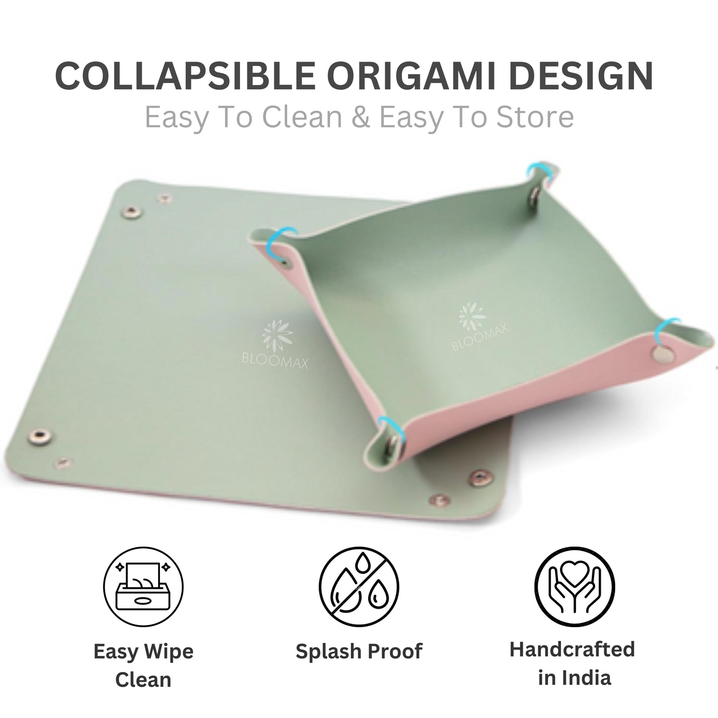 BLOOMAX® Multi-Purpose Desk Organiser Tray for Office Table/Study Table/Home/Makeup/Dressing Table | Spill-Proof | Vegan Leather | Leather Jewelry Valet Tray | 20 cm X 20 cm (Set-2) Green