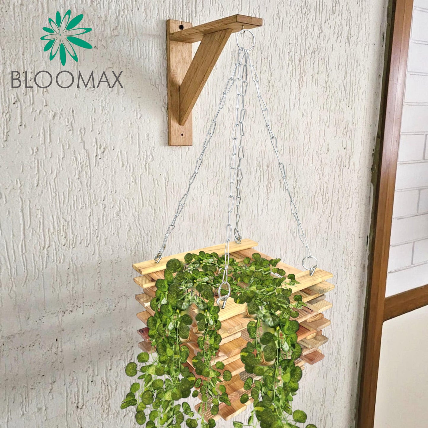 Bloomax® Natural Hardwood Straight Groove Design Plant Hanger Wood Polished Hanging Planters Square Basket for Indoor or Outdoor Flower Planter Pot with 15 Inch Hanger Chain (1 Set,6.5 Inch)