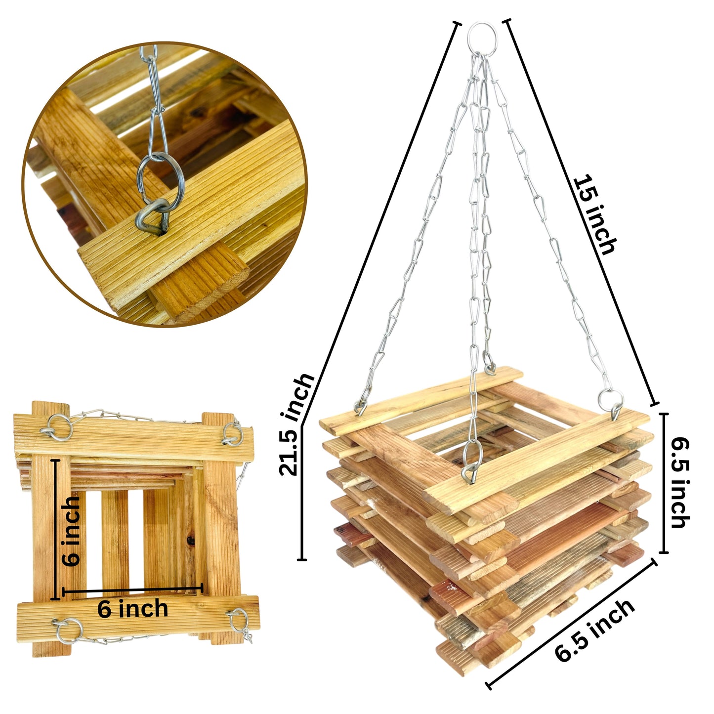 Bloomax® Natural Hardwood Straight Groove Design Plant Hanger Wood Polished Hanging Planters Square Basket for Indoor or Outdoor Flower Planter Pot with 15 Inch Hanger Chain (1 Set,6.5 Inch)