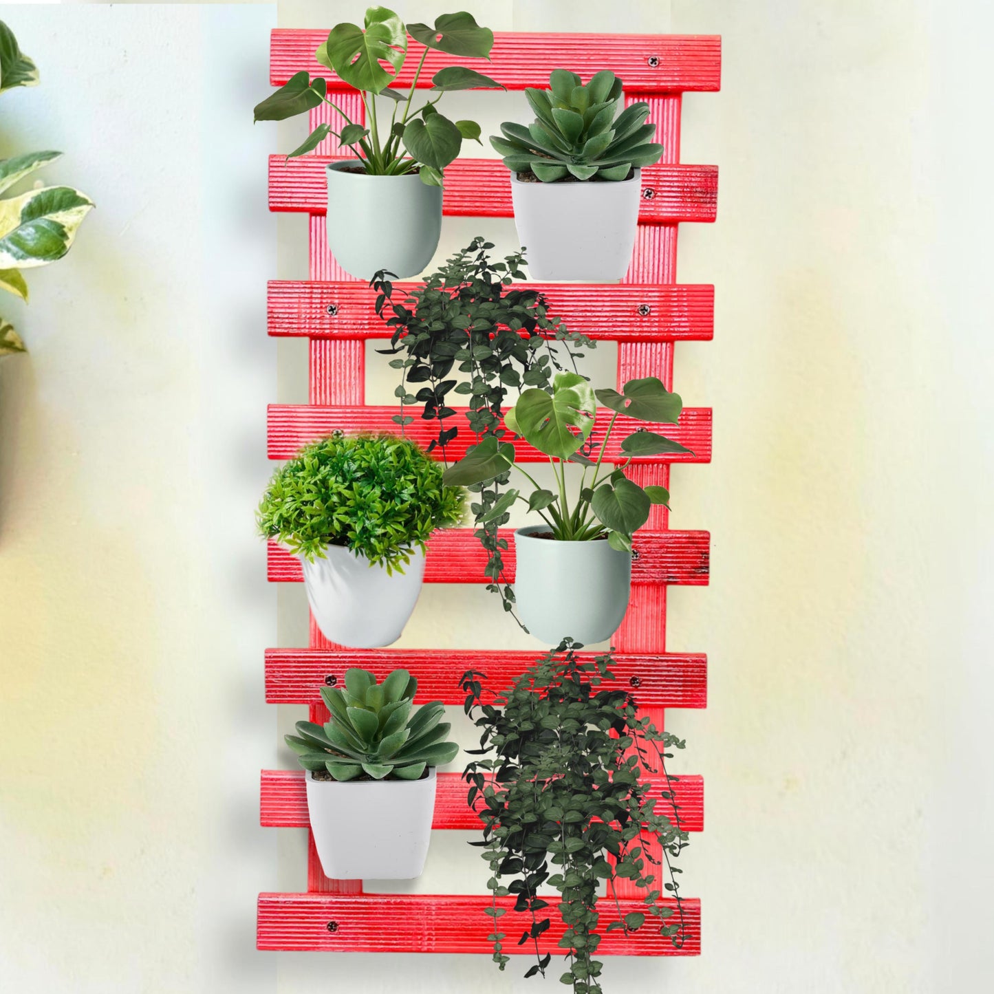 bloomax® - Hanging Red Wooden Wall Planter for Indoor Outdoor Plants Wall Mount Planter, Air Plant Holder, Wooden Trellis for Climbing Plants (60 Cm(Set of-2)