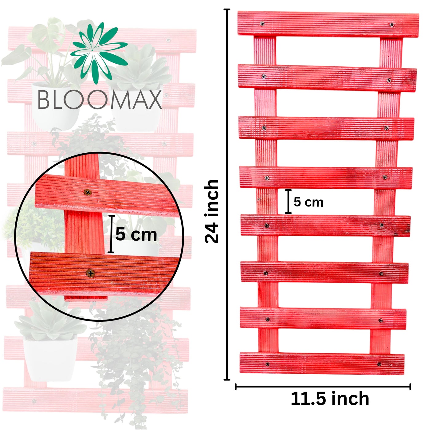 bloomax® - Hanging Red Wooden Wall Planter for Indoor Outdoor Plants Wall Mount Planter, Air Plant Holder, Wooden Trellis for Climbing Plants (60 Cm(Set of-2)