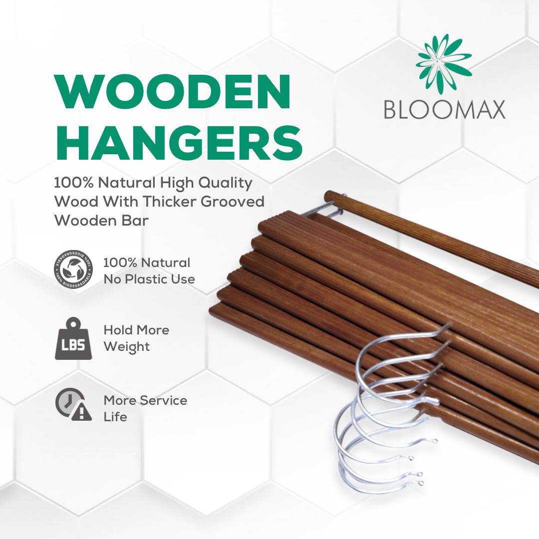 BLOOMAX® Natural Wood Slack/Trouser Pants Hangers with Non Slip Bar Smooth Finish, Durable Wooden Hangers - Slim & Sleek Hangers, 360° Hook- Ideal for Pants (Walnut)