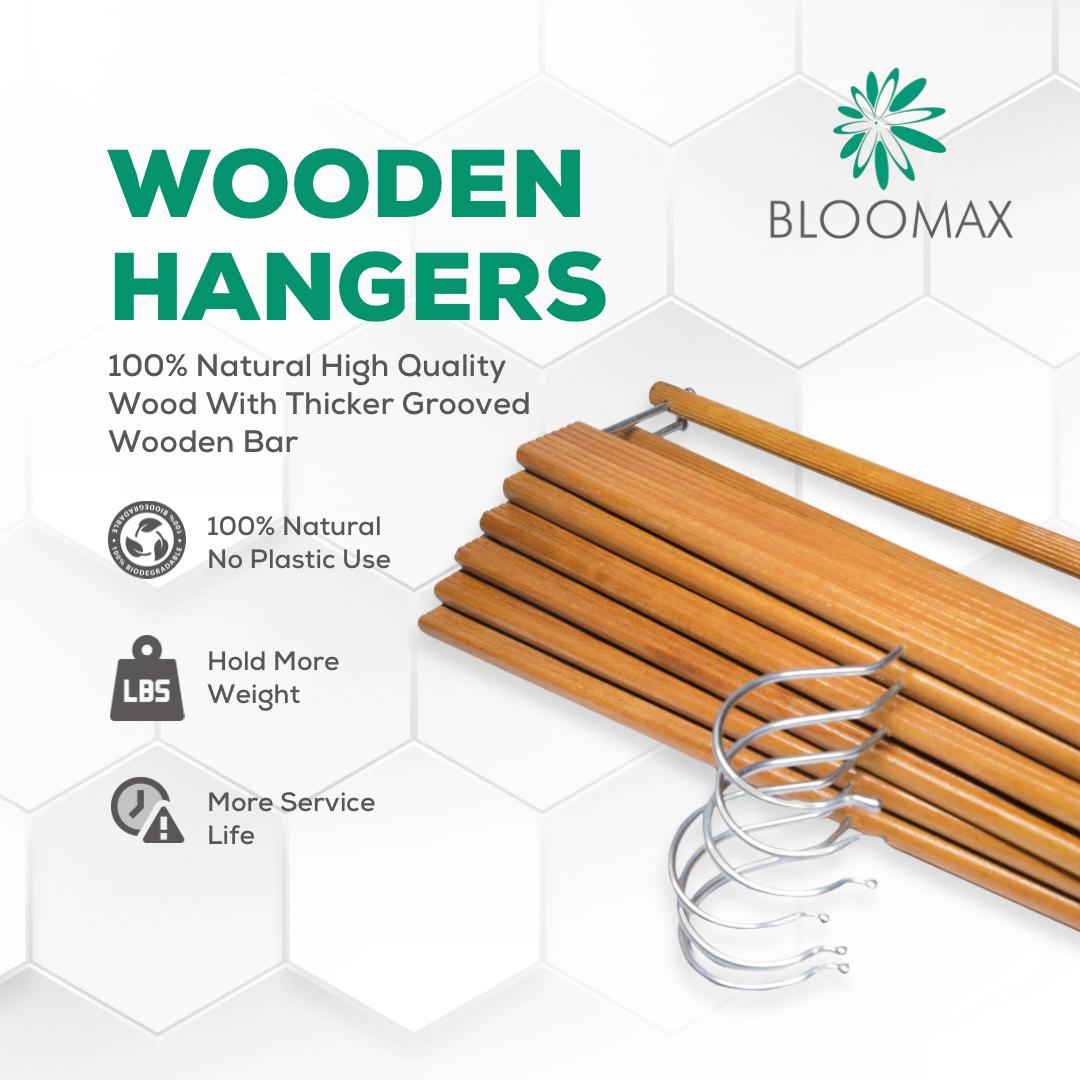 BLOOMAX® Natural Wood Slack/Trouser Pants Hangers with Non Slip Bar Smooth Finish, Durable Wooden Hangers - Slim & Sleek Hangers, 360° Hook- Ideal for Pants (Natural)